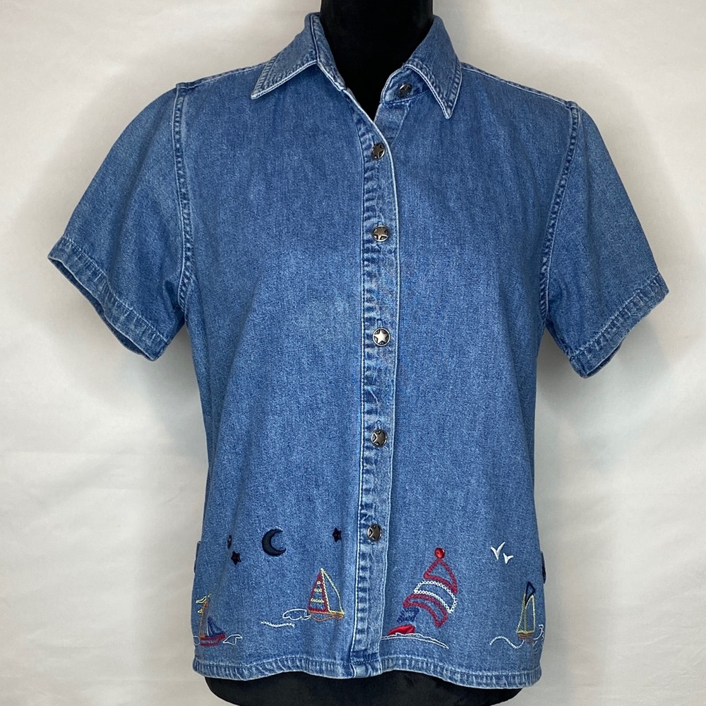 Vintage Christopher & Banks Sailboat Embroidered Denim Button-Down Top
